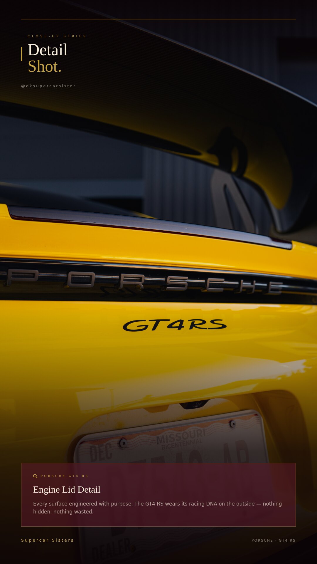 Close-up detail shot — Porsche GT4 RS engine lid by @supercarsisters_usa